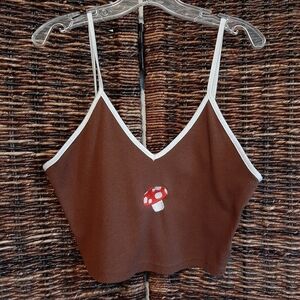 Mushroom Tank Top Shirt Medium Brown Embroidered Cottagecore Fairy Whimsical